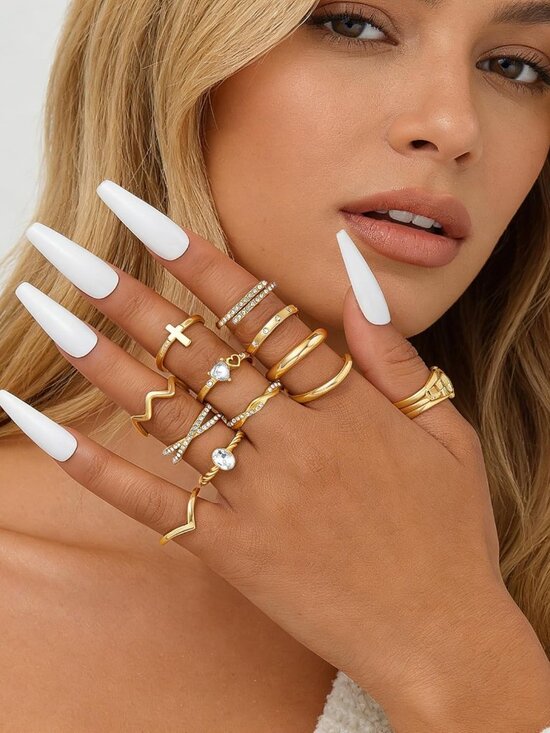 Gold Stackable Rings Set for Women, Gold Plated Chunky Crystal Finger Midi Stack - Picture 4 of 6